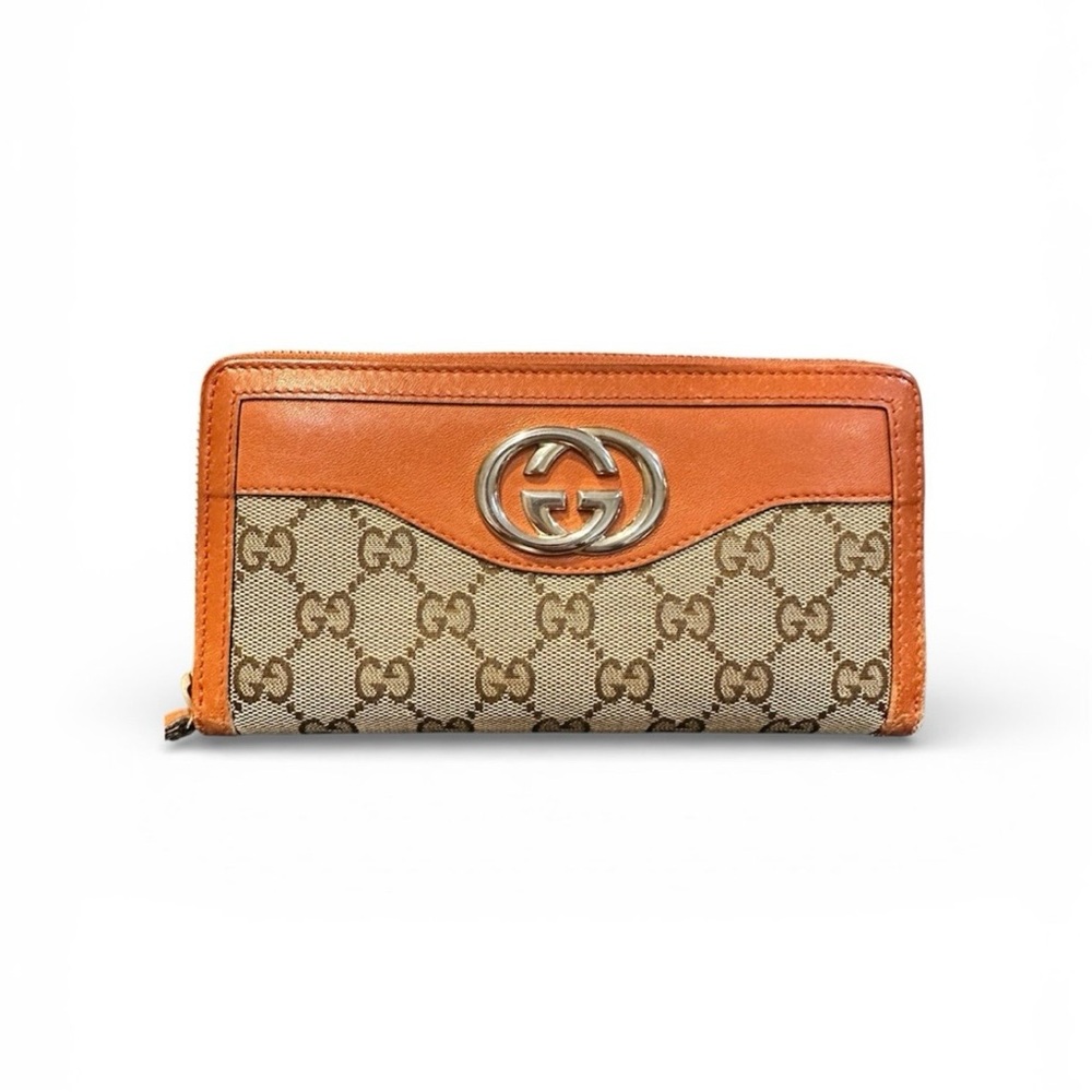 Gucci GG Canvas Zip Around Wallet Brown & Orange Leather Authentic